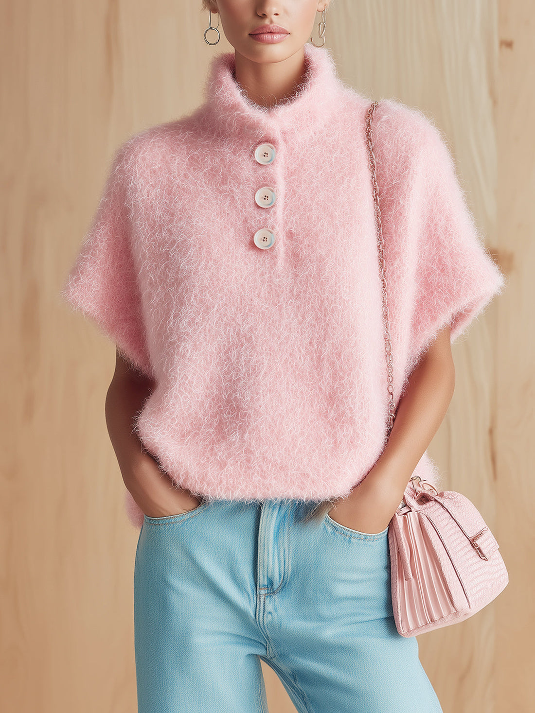ElevenOra Chic Vintage Pink Stand Collar Button-Front Short-Sleeve Fuzzy Knit Sweater Top