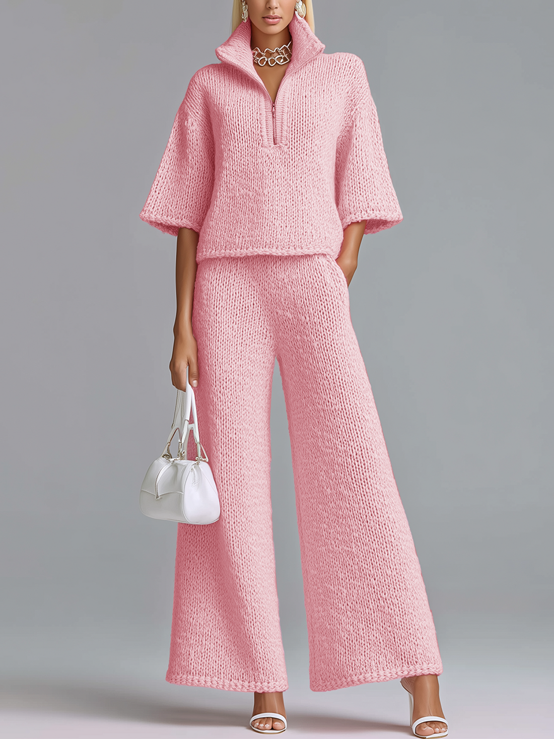 ElevenOra Chic Elegant  Zipper-Up Lapel Collar Half-sleeve Loose Sweater Wide-Leg Pants Knit Two-Piece Set