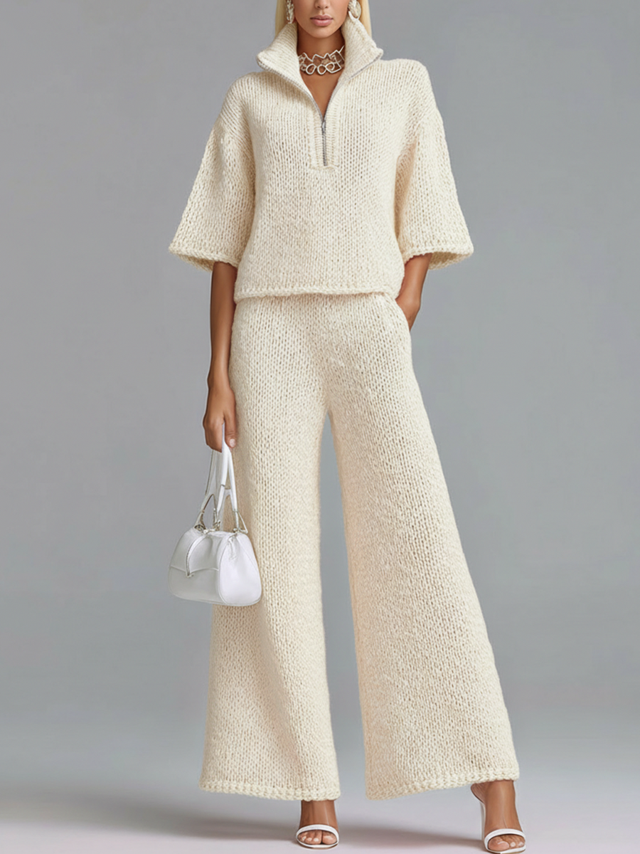 ElevenOra Chic Elegant  Zipper-Up Lapel Collar Half-sleeve Loose Sweater Wide-Leg Pants Knit Two-Piece Set