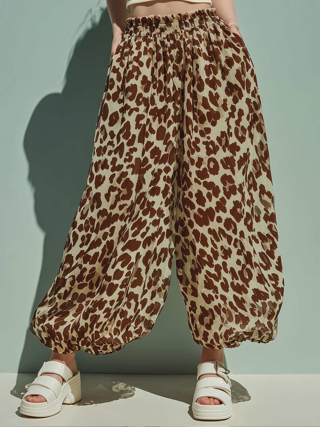 ElevenOra Chic Casual Brown-Camel Leopard Print High Waist Wide Leg Chiffon Pants