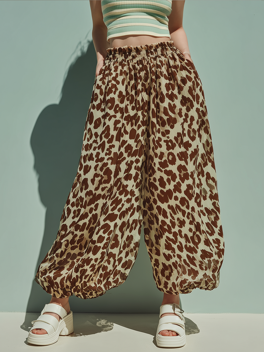 ElevenOra Chic Casual Brown-Camel Leopard Print High Waist Wide Leg Chiffon Pants