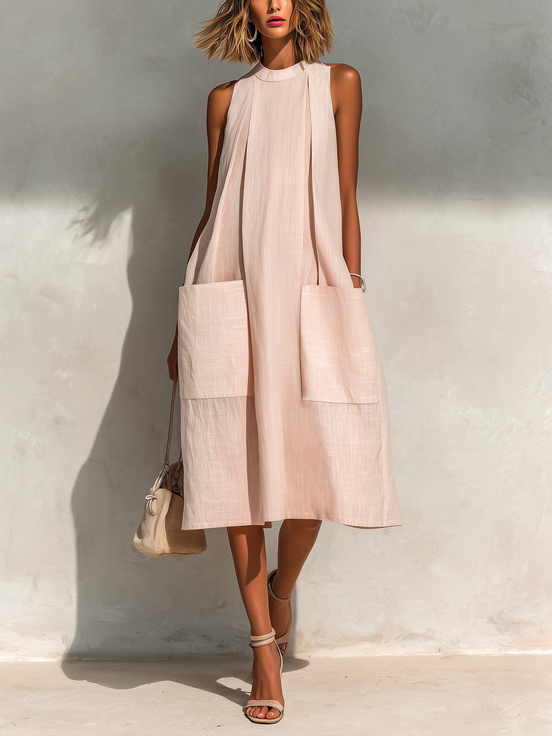 ElevenOra Chic Elegant Light Pink Linen Round-Neck Sleeveless Pleats Detail Patch Pockets Loose-Fit A-Line Midi Dress