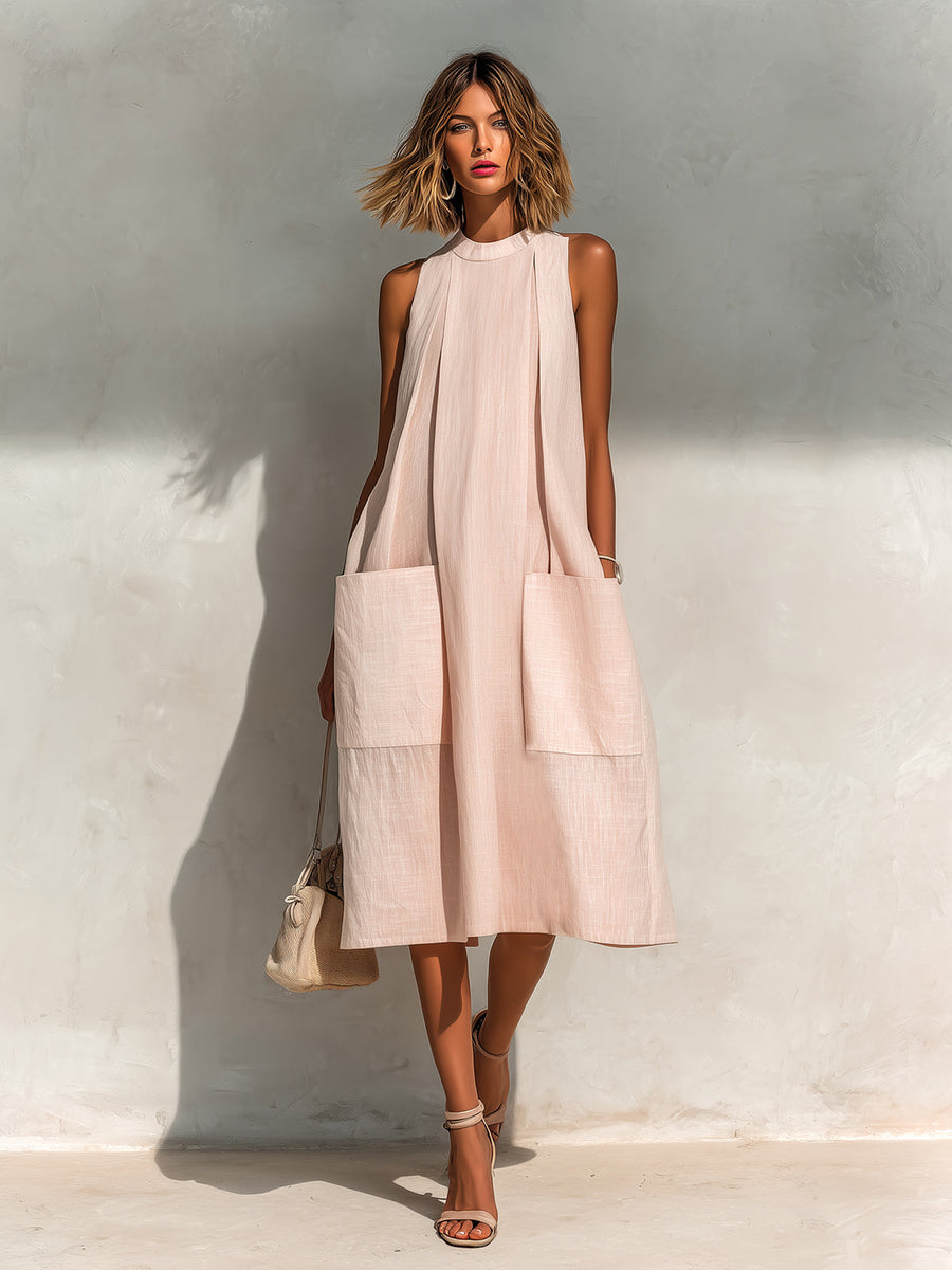 ElevenOra Chic Elegant Light Pink Linen Round-Neck Sleeveless Pleats Detail Patch Pockets Loose-Fit A-Line Midi Dress