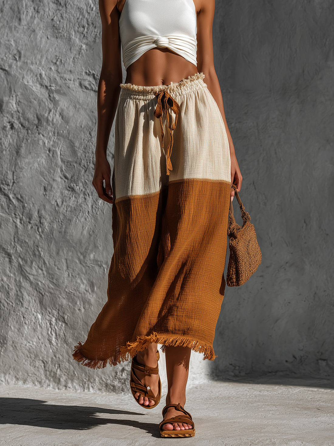 ElevenOra Chic Elegaht Brown-Beige Colorblock Cotton-Linen Blend Elastic Drawstring Waist Fringe Detail A-Line Midi Skirt