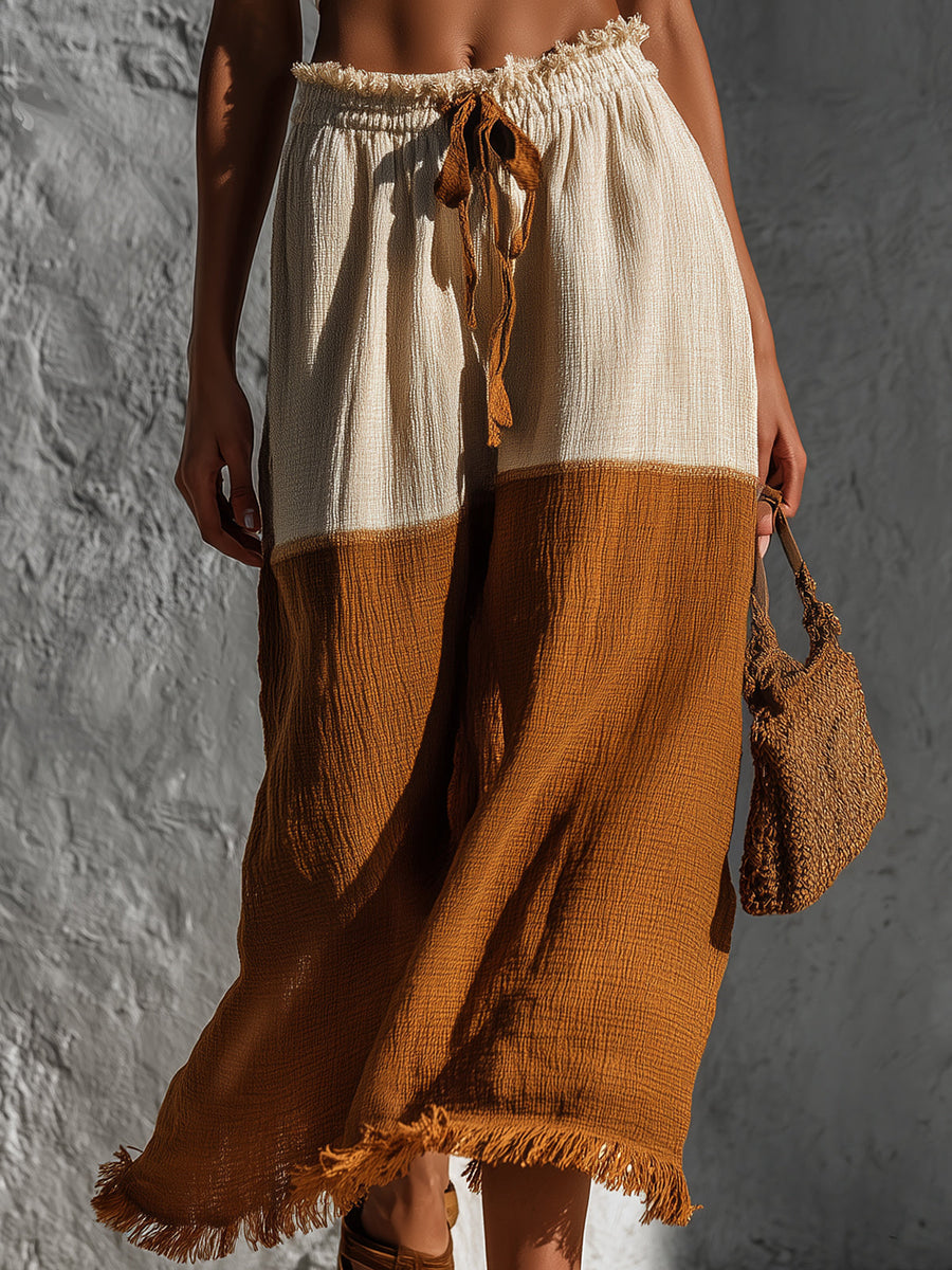 ElevenOra Chic Elegaht Brown-Beige Colorblock Cotton-Linen Blend Elastic Drawstring Waist Fringe Detail A-Line Midi Skirt