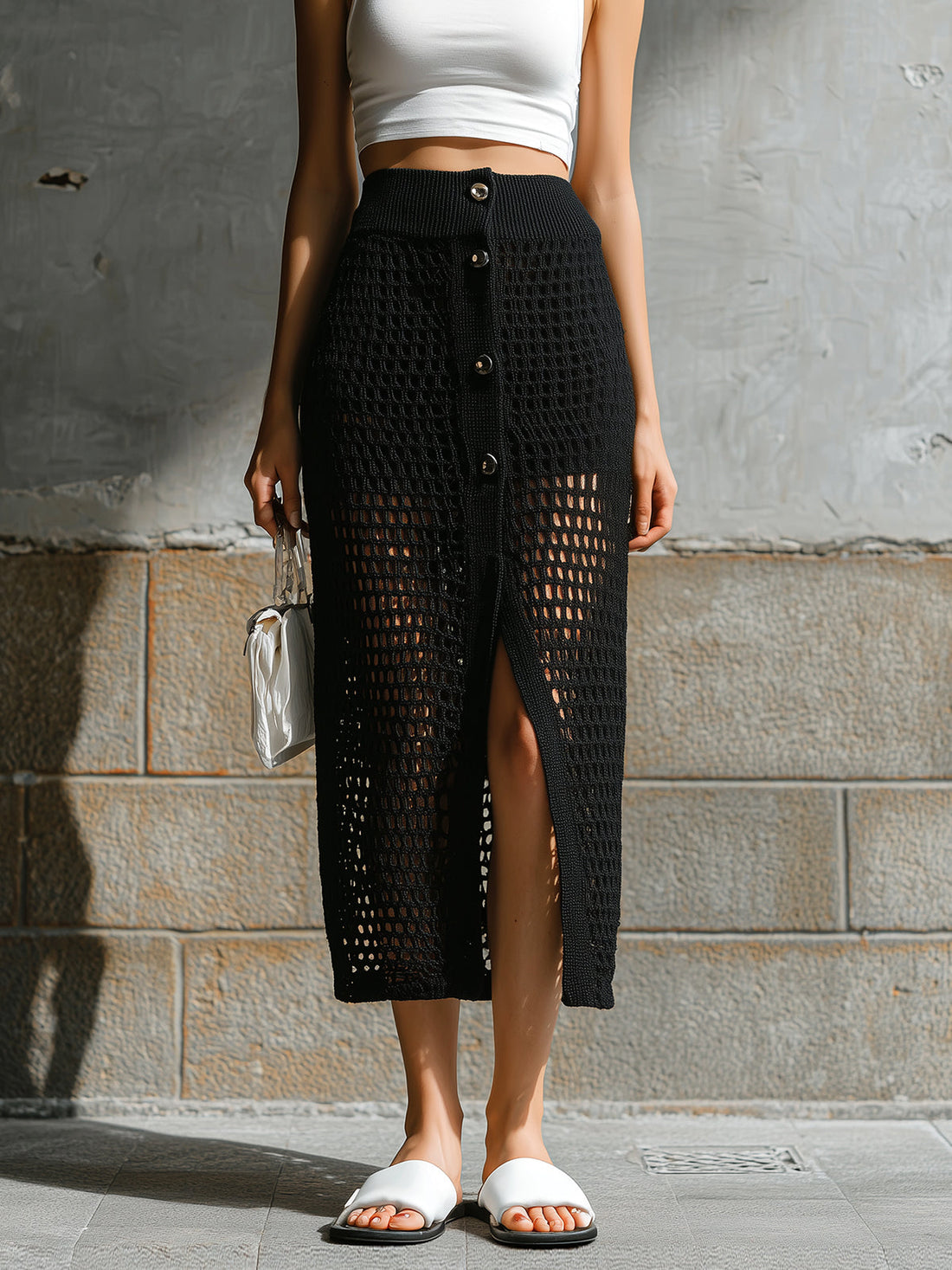 ElevenOra Chic Elegaht Black Elastic Waist Button-Front Hollow-Out Mesh Knit Straight Midi Skirt