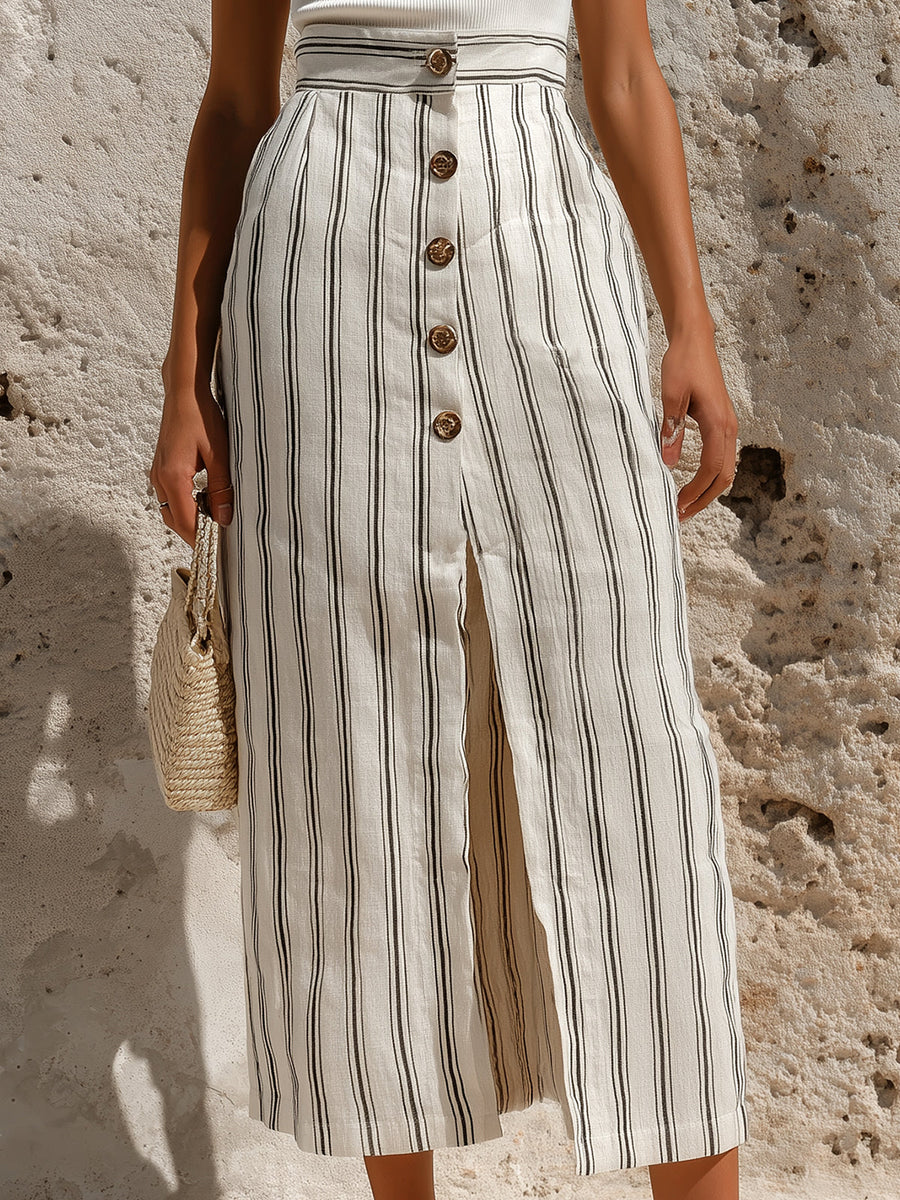 ElevenOra Chic Elegaht Beige-Black Stripes Cotton-Linen Blend Button-Front Slit Detail Midi Skirt