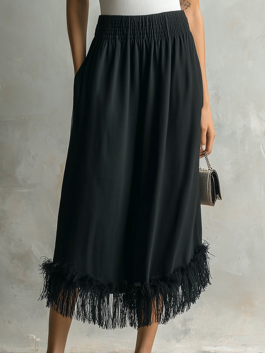 ElevenOra Chic Elegaht Black Cotton Blend Elastic Waist Fringe Detail Loose-Fit Midi Skirt
