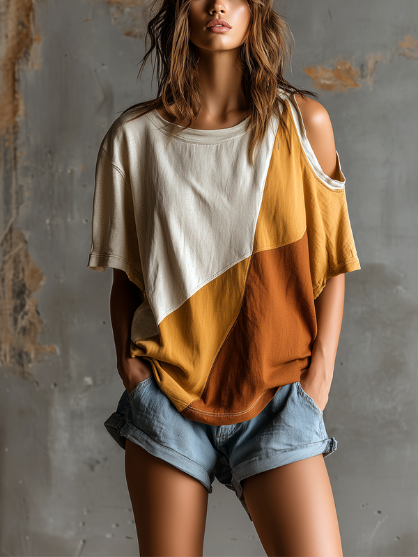 ElevenOra Chic Casual White-Camel Colorblock Round-Neck Cutout Shoulder Short-Sleeve Oversize Cotton T-Shirt Top