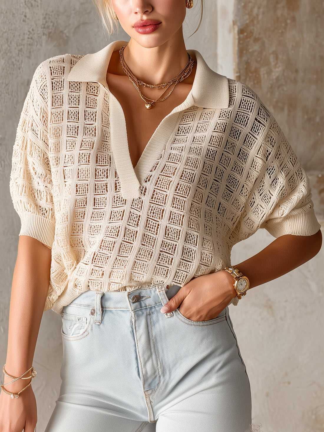 ElevenOra Chic Elegant Beige Lapel V-Neck Half-Sleeve Loose-Fit Breathable Hollow-Out Knit Polo Top