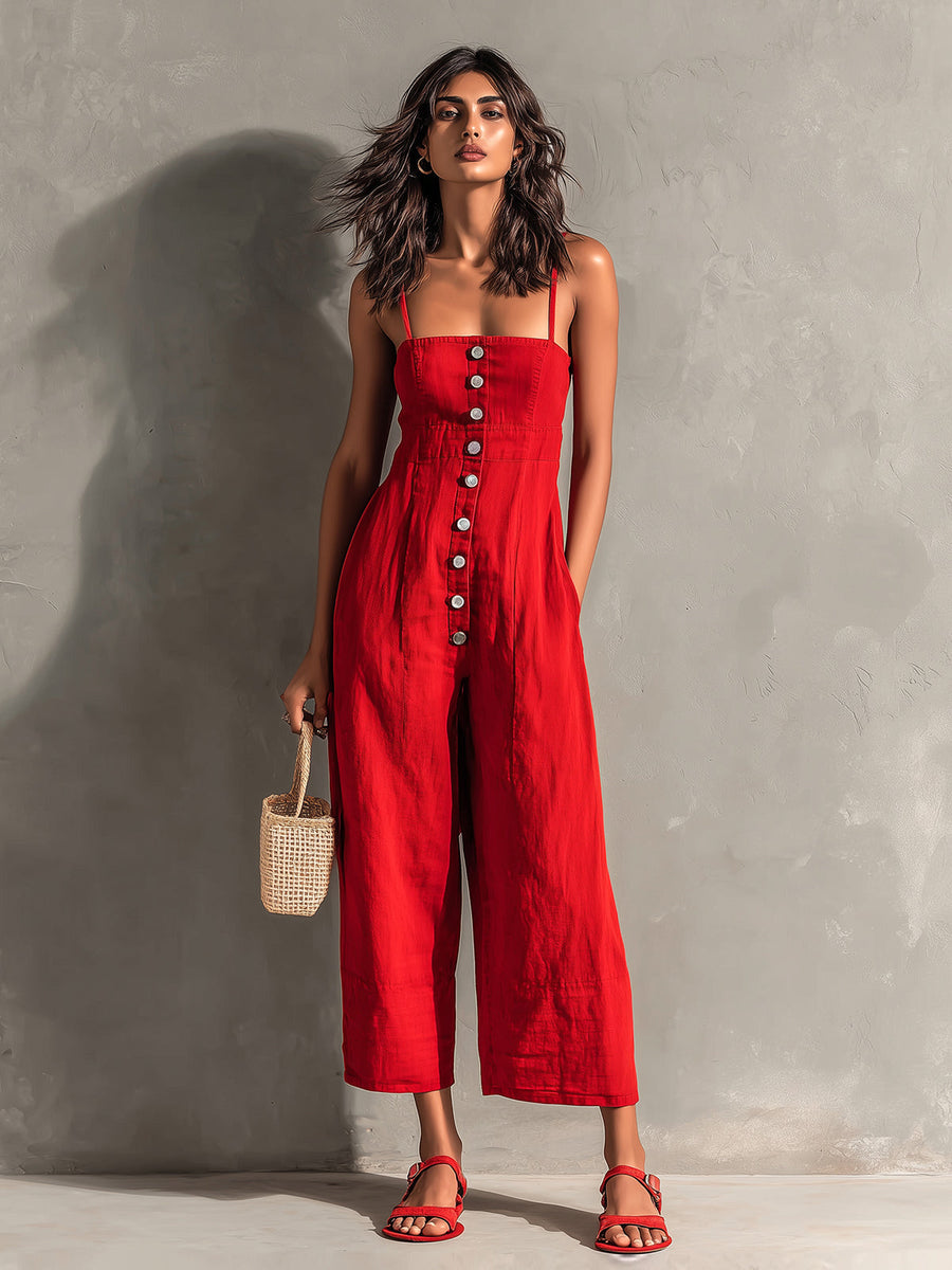 ElevenOra Chic Elegant Red Cotton Washed Spaghetti-Strap Square-Neck Sleeveless Button-Front Tailored-Waist Wide-Leg Jumpsuit