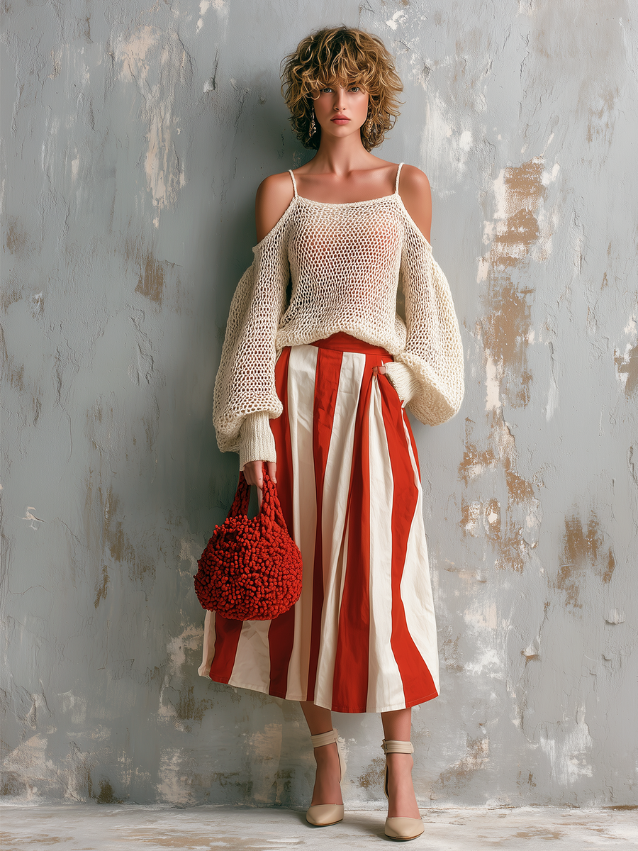 ElevenOra Chic Elegant Off-White Spaghetti-Strap Cold-Shoulder Balloon Sleeves Loose-Fit Knit Sweater White-Red Stripes Cotton Blend A-Line Midi Skirt Two-Piece Set