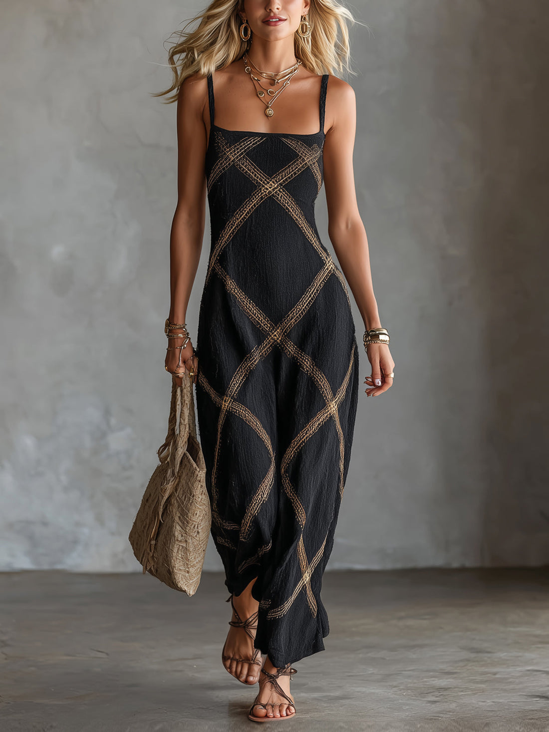 ElevenOra Chic Elegant Black-Camel Geometrical Printed Spaghetti Straps Square-Neck Sleeveless A-Line Maxi Dress