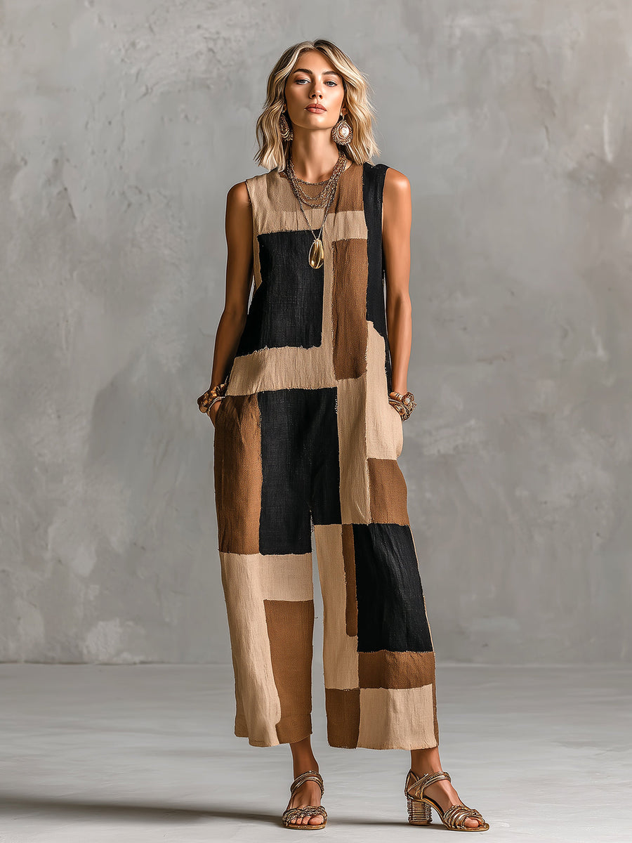 ElevenOra Chic Elegant Camel-Black Geometrical Colorblock Printed Round-Neck Sleeveless Loose-Fit Jumpsuit