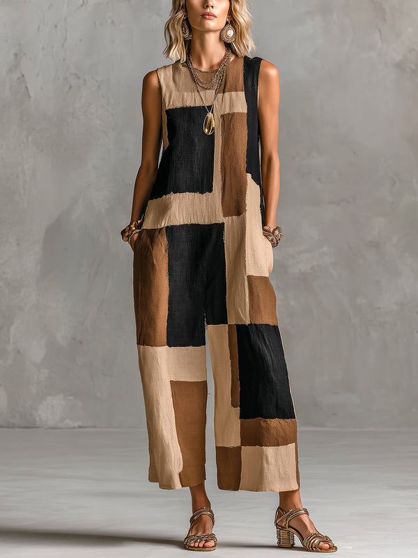 ElevenOra Chic Elegant Camel-Black Geometrical Colorblock Printed Round-Neck Sleeveless Loose-Fit Jumpsuit