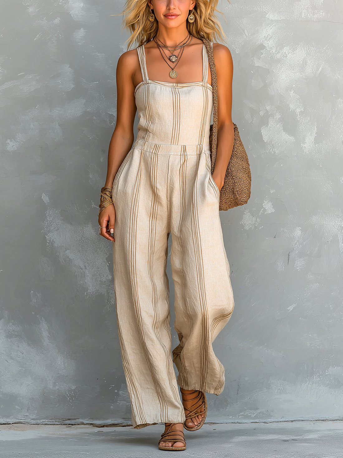 ElevenOra Chic Elegant Beige Stripes Cotton-Linen Blend Spaghetti Straps Square-Neck Sleeveless Loose-Fit Straight-Leg Jumpsuit