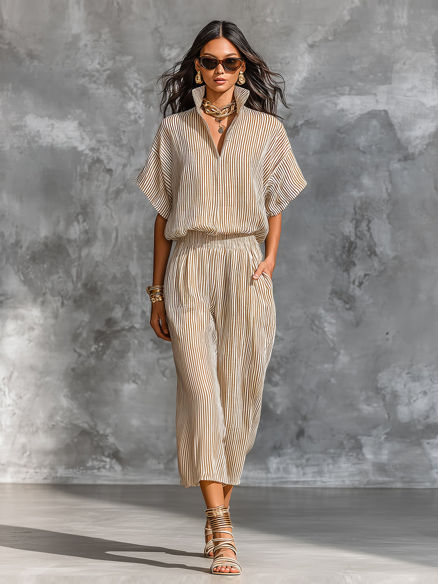 ElevenOra Chic Elegant Camel Stripes Cotton Linen Blend Stand-Collar Short-Sleeve Shirt Elastic-Waist Cropped Pants Loose-Fit Two-Piece Set
