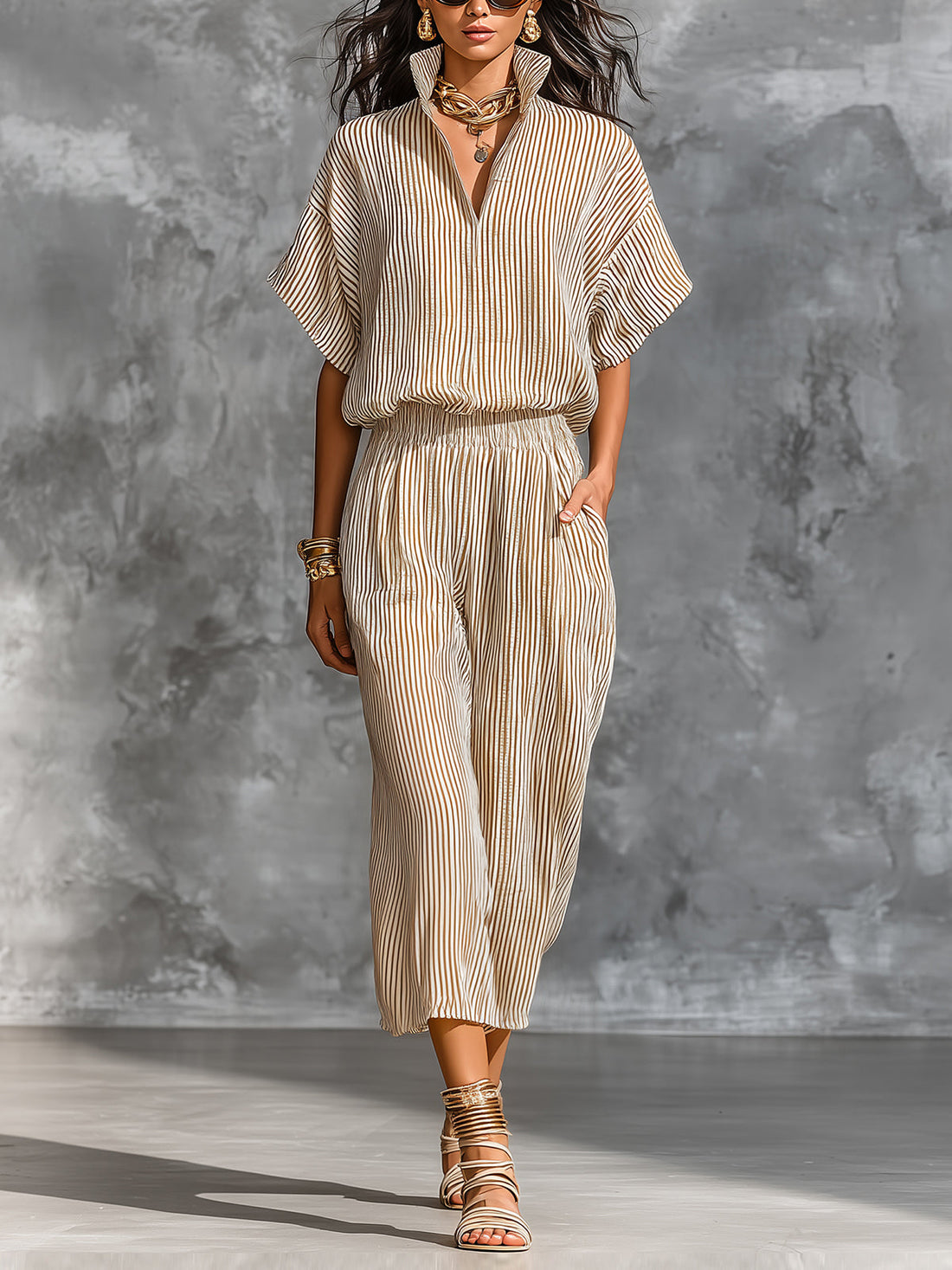 ElevenOra Chic Elegant Camel Stripes Cotton Linen Blend Stand-Collar Short-Sleeve Shirt Elastic-Waist Cropped Pants Loose-Fit Two-Piece Set