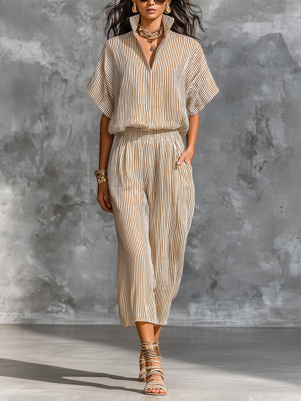 ElevenOra Chic Elegant Camel Stripes Cotton Linen Blend Stand-Collar Short-Sleeve Shirt Elastic-Waist Cropped Pants Loose-Fit Two-Piece Set