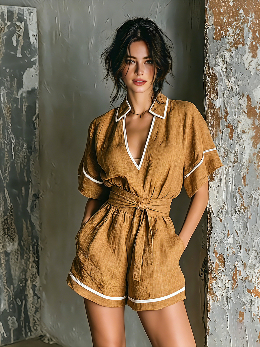 ElevenOra Chic Elegant Camel Lapel V-Neck Contrast Trim Short-Sleeve Loose-Fit Self-Tie Waist Cotton-Linen Blend Ropmer