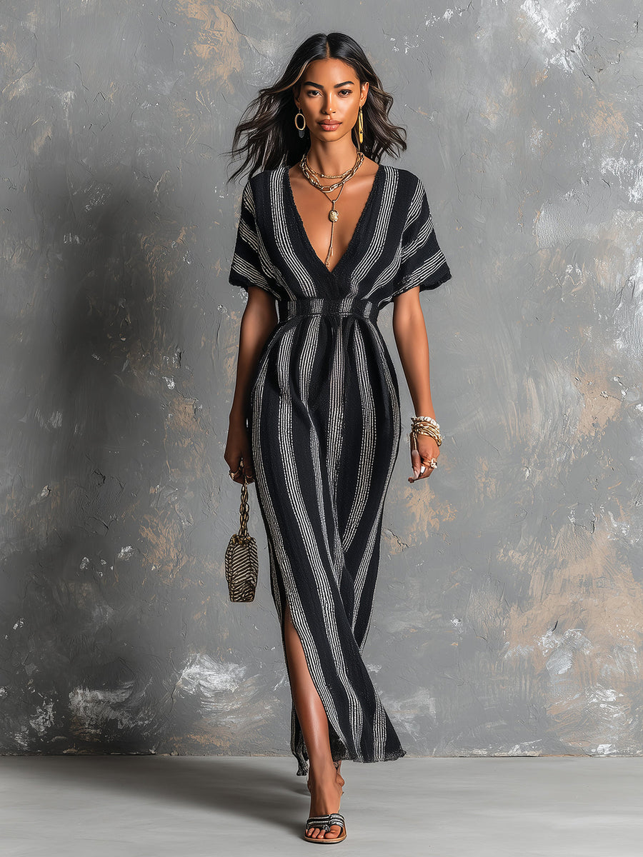ElevenOra Chic Elegant Black-White Colorblock Stripes Deep V-Neck Short-Sleeve Elastic-Waist Side-Slit Knit Maxi Dress