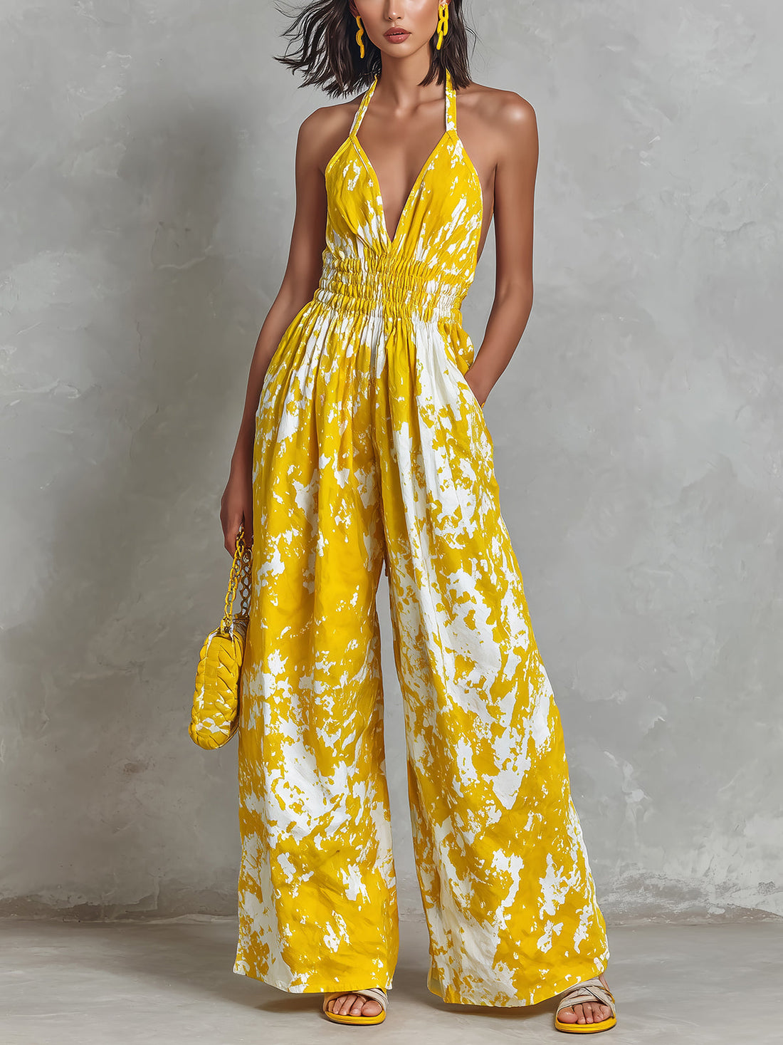 ElevenOra Chic Elegant Yellow-White Colorblock Printed Halter V-Neck Sleeveless Elastic-Waist Wide-Leg Jumpsuit