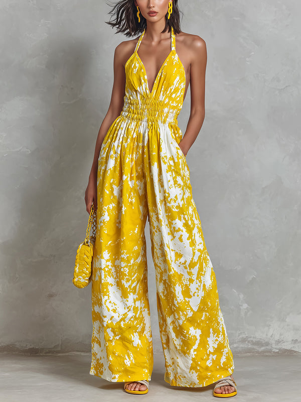 ElevenOra Chic Elegant Yellow-White Colorblock Printed Halter V-Neck Sleeveless Elastic-Waist Wide-Leg Jumpsuit