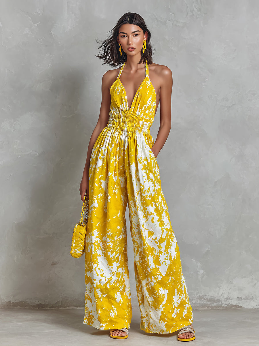 ElevenOra Chic Elegant Yellow-White Colorblock Printed Halter V-Neck Sleeveless Elastic-Waist Wide-Leg Jumpsuit
