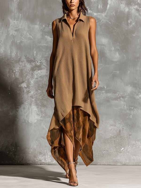 ElevenOra Chic Elegant Camel  Lapel V-Neck Sleeveless Loose-Fit A-Line Asymmetric Print Chiffon Hem Knit Midi Dress