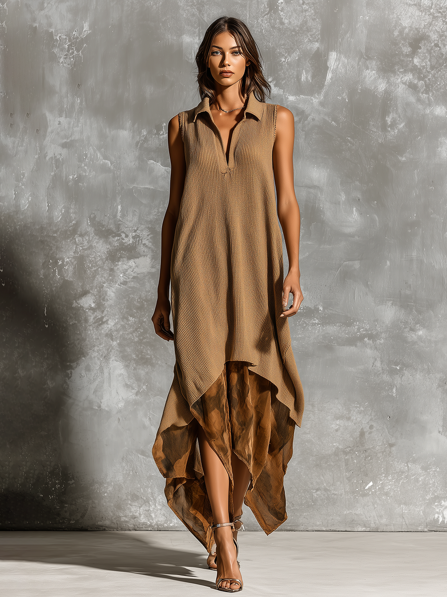 ElevenOra Chic Elegant Camel  Lapel V-Neck Sleeveless Loose-Fit A-Line Asymmetric Print Chiffon Hem Knit Midi Dress