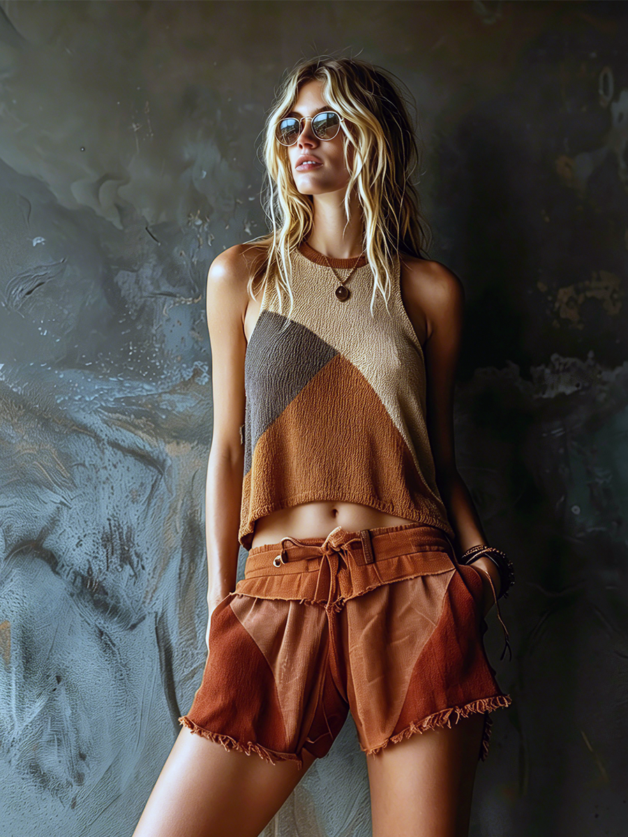 ElevenOra Chic Elegant Beige-Camel Colorblock Round-Neck Sleeveless Loose-Fit A-Line Knit Tank Top