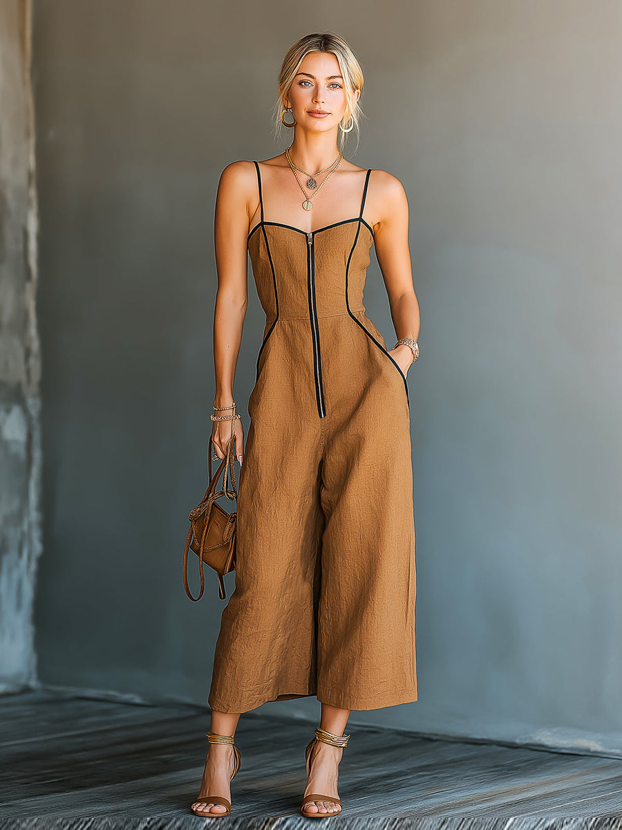 ElevenOra Chic Elegant Caramel Brown Cotton-Linen Blend Spaghetti Straps Zipper-Up Square-Neck Sleeveless Wide-Leg Jumpsuit