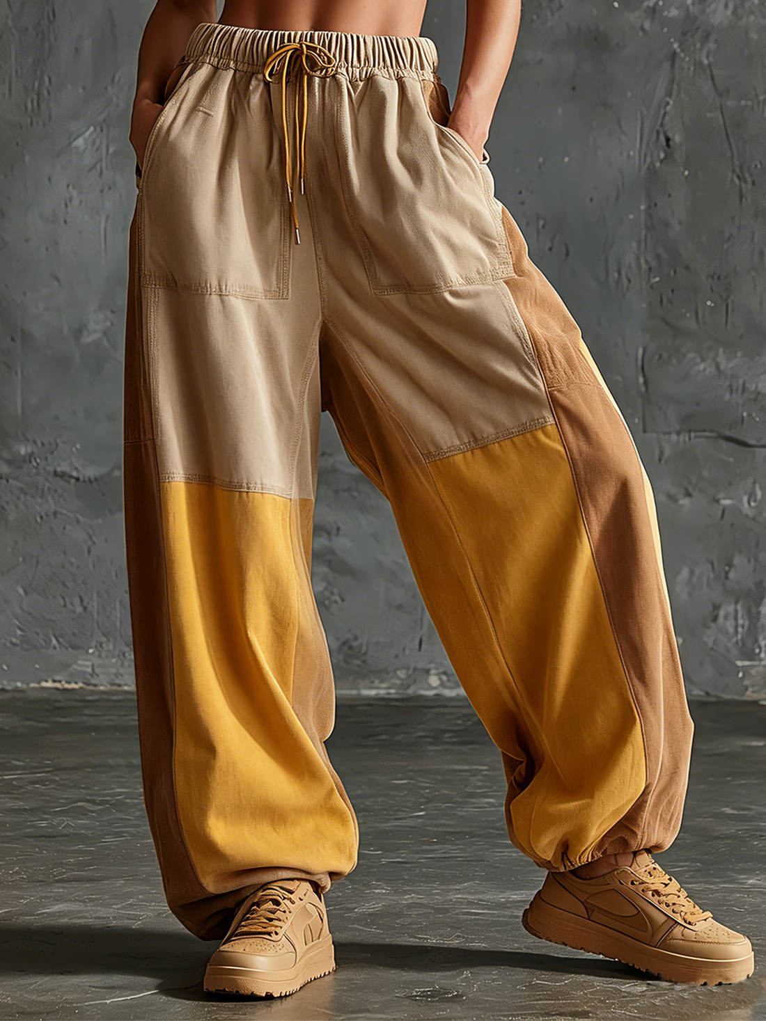 ElevenOra Chic Elegant Beige- Mustard Yellow-Camel Colorblock Elastic Waist Cotton Blend Wide-Leg Pants