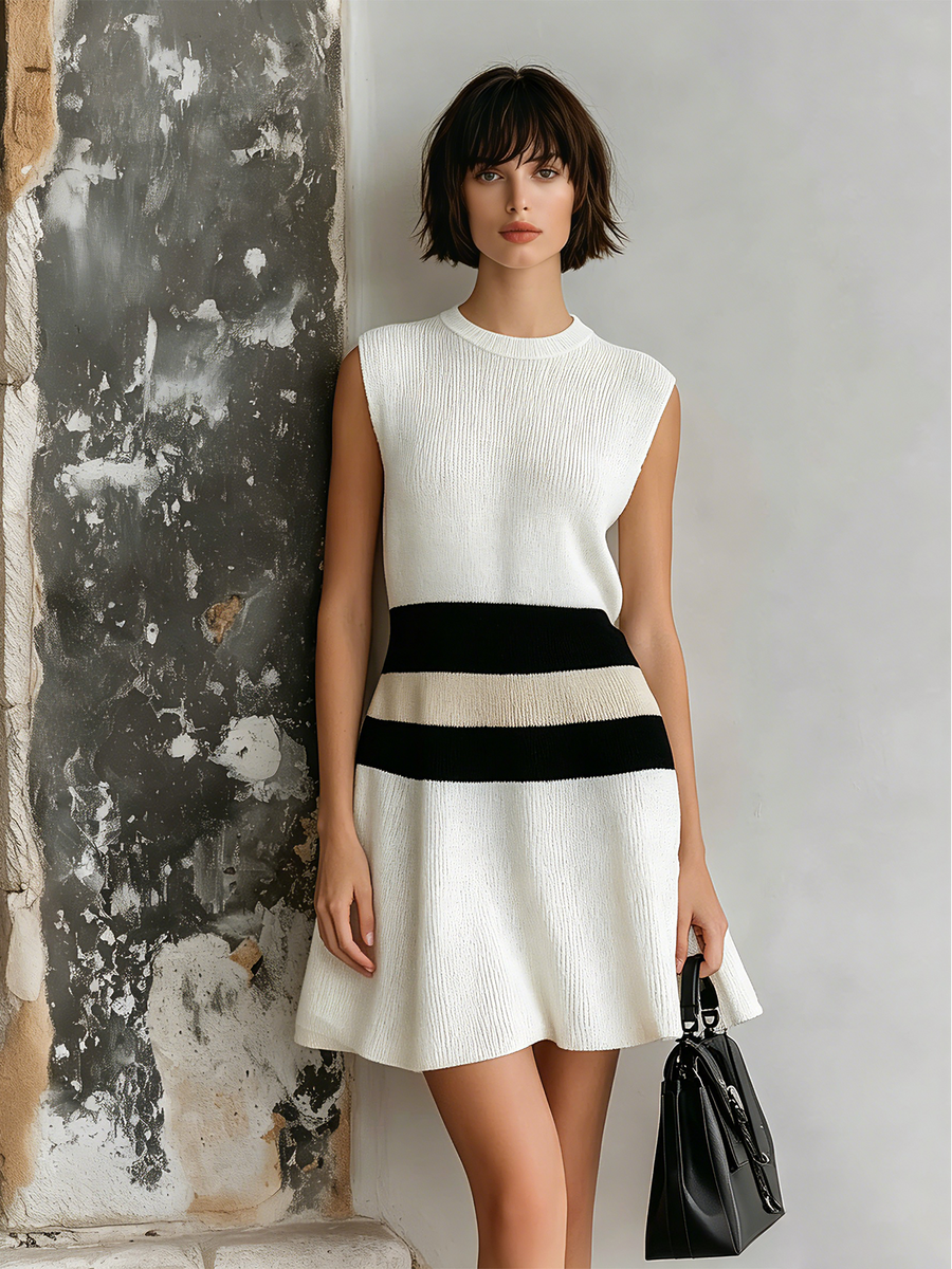 ElevenOra Chic Elegant White Round Neck Contrast Trim Sleeveless A-line Loose-Fit Knit Midi Dress