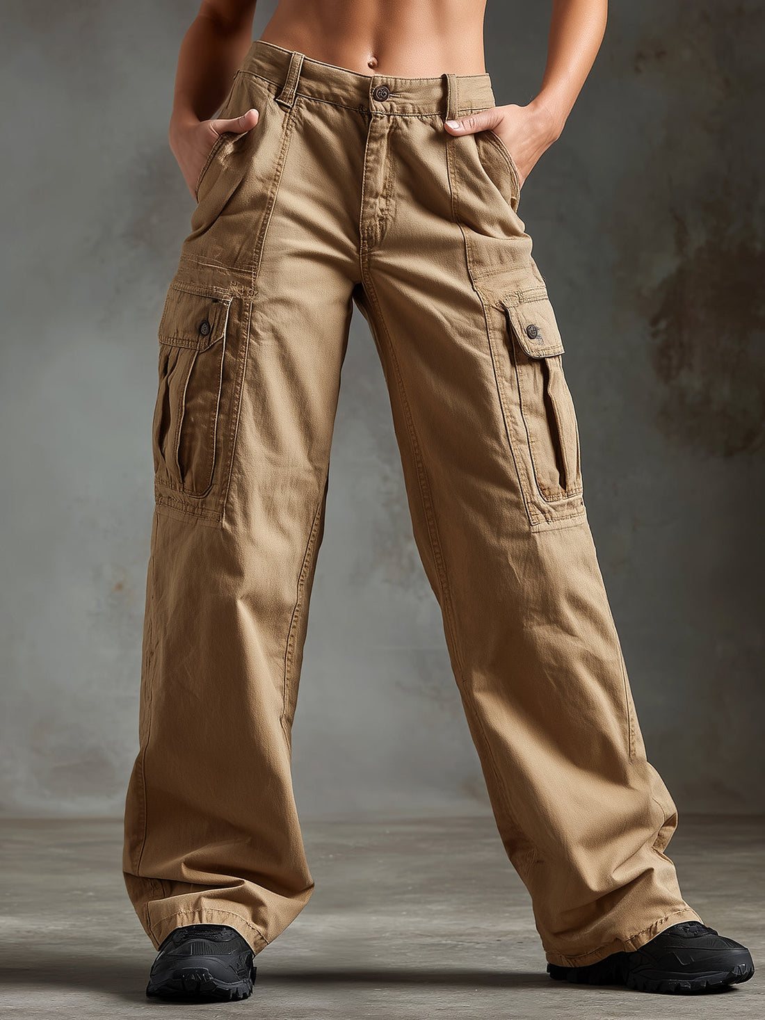 ElevenOra Chic Casual Camel Cotton Washed Multi-Pocket Loose-Fit Wide-Leg Cargo Pants