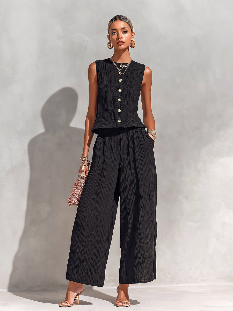 ElevenOra Chic Elegant Black Textured Cotton Blend Round-Neck Sleeveless Single-Breasted Loose-Fit Vest Wide-Leg Pants Two-Piece Set