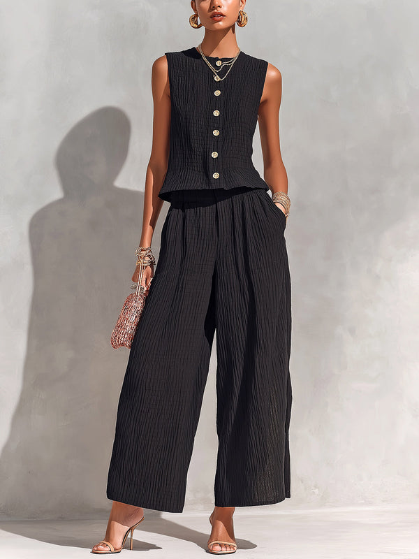 ElevenOra Chic Elegant Black Textured Cotton Blend Round-Neck Sleeveless Single-Breasted Loose-Fit Vest Wide-Leg Pants Two-Piece Set