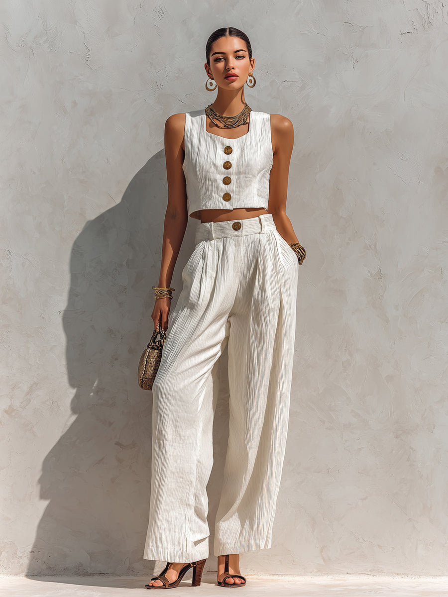 ElevenOra Chic Elegant White Pleated Cotton Blend Square-Neck Sleeveless Single-Breasted Cropped Vest Wide-Leg Pants Two-Piece Set