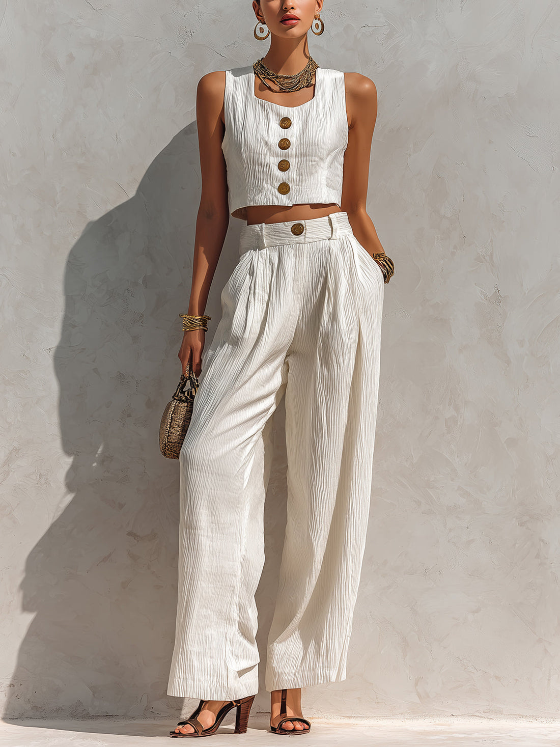 ElevenOra Chic Elegant White Pleated Cotton Blend Square-Neck Sleeveless Single-Breasted Cropped Vest Wide-Leg Pants Two-Piece Set