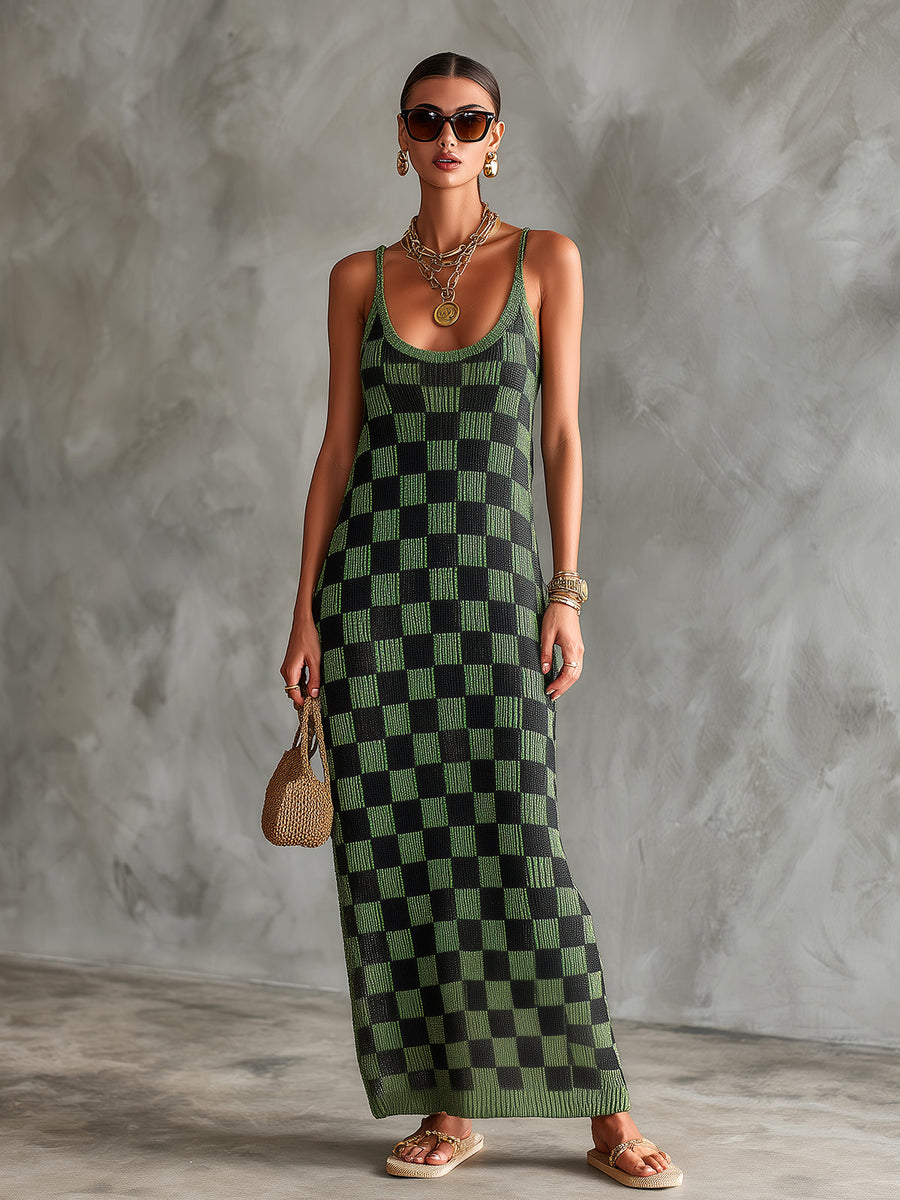 ElevenOra Chic Elegant Green-Black Checkerboard Pattern Spaghetti Straps U-Neck Sleeveless Slim-Fit Knit Maxi Dress