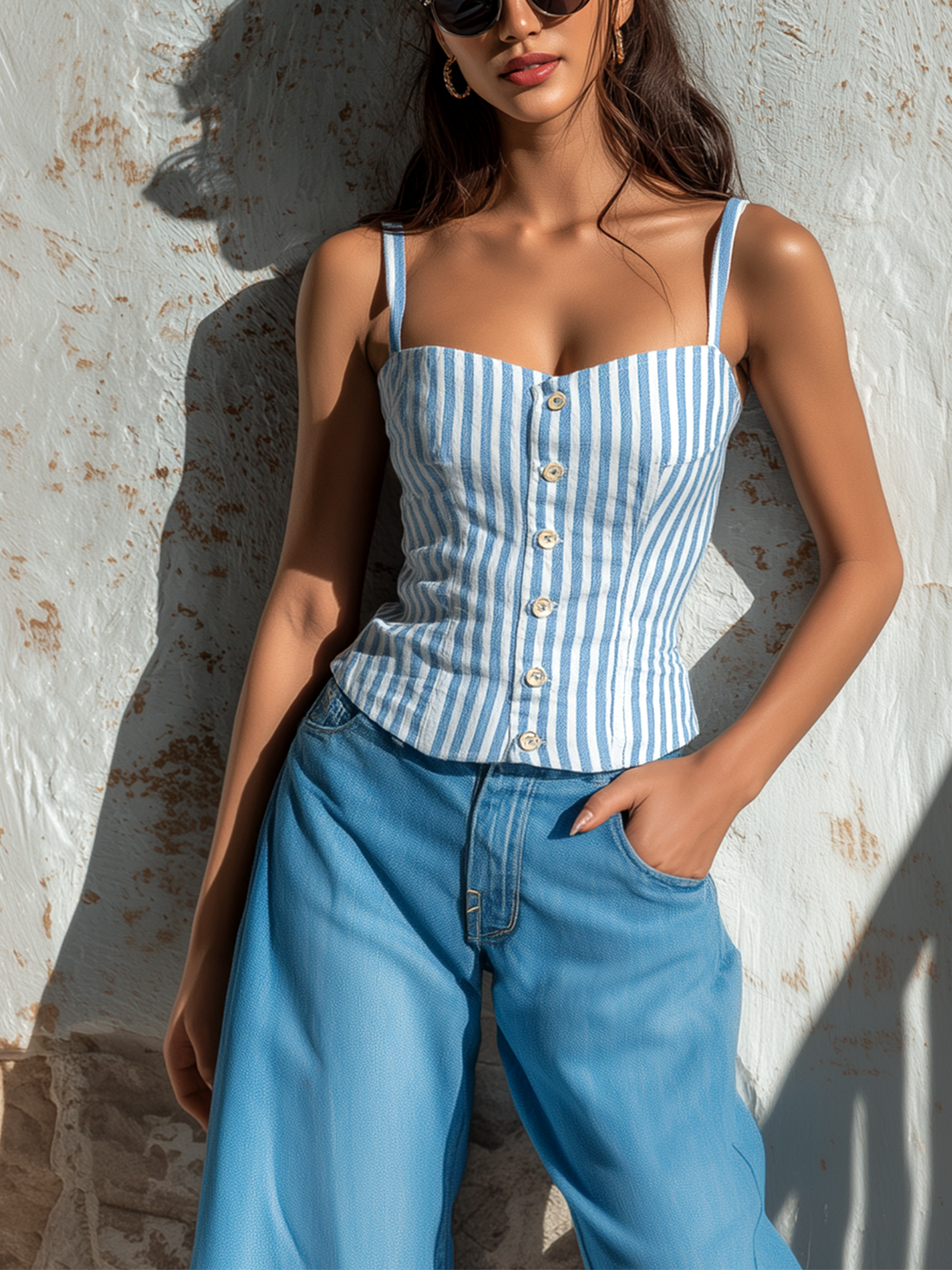 ElevenOra Chic Elegant Blue-White Stripes Spaghetti Straps Sweetheart Neck Button-Front Sleeveless Slim-Fit Cotton-Linen Blend Tank Top