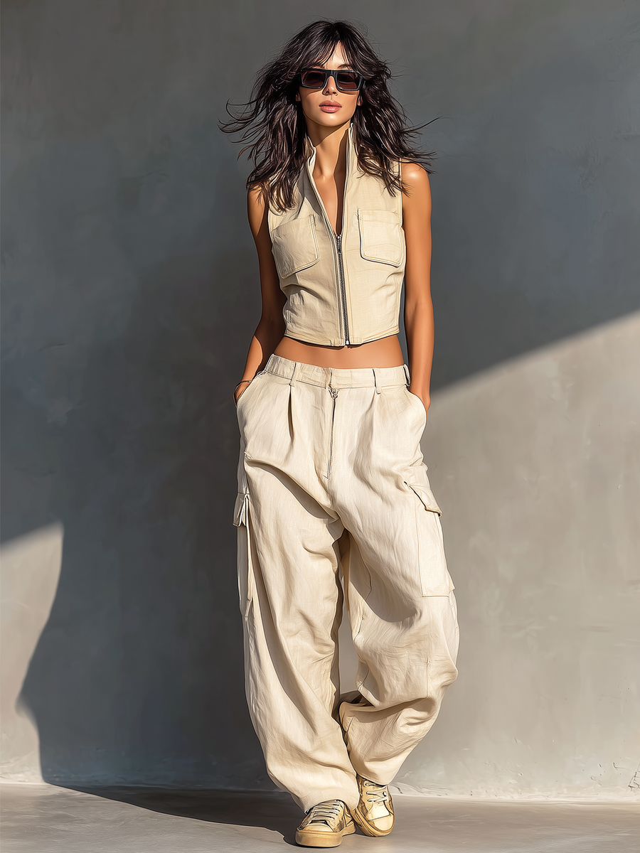ElevenOra Chic Casual Off-White Cotton-Linen Blend Stand Collar Zipper-Up Patch Pockets Sleeveless Slim-Fit Vest Top Cargo Wide-Leg Pants Two-Piece Set