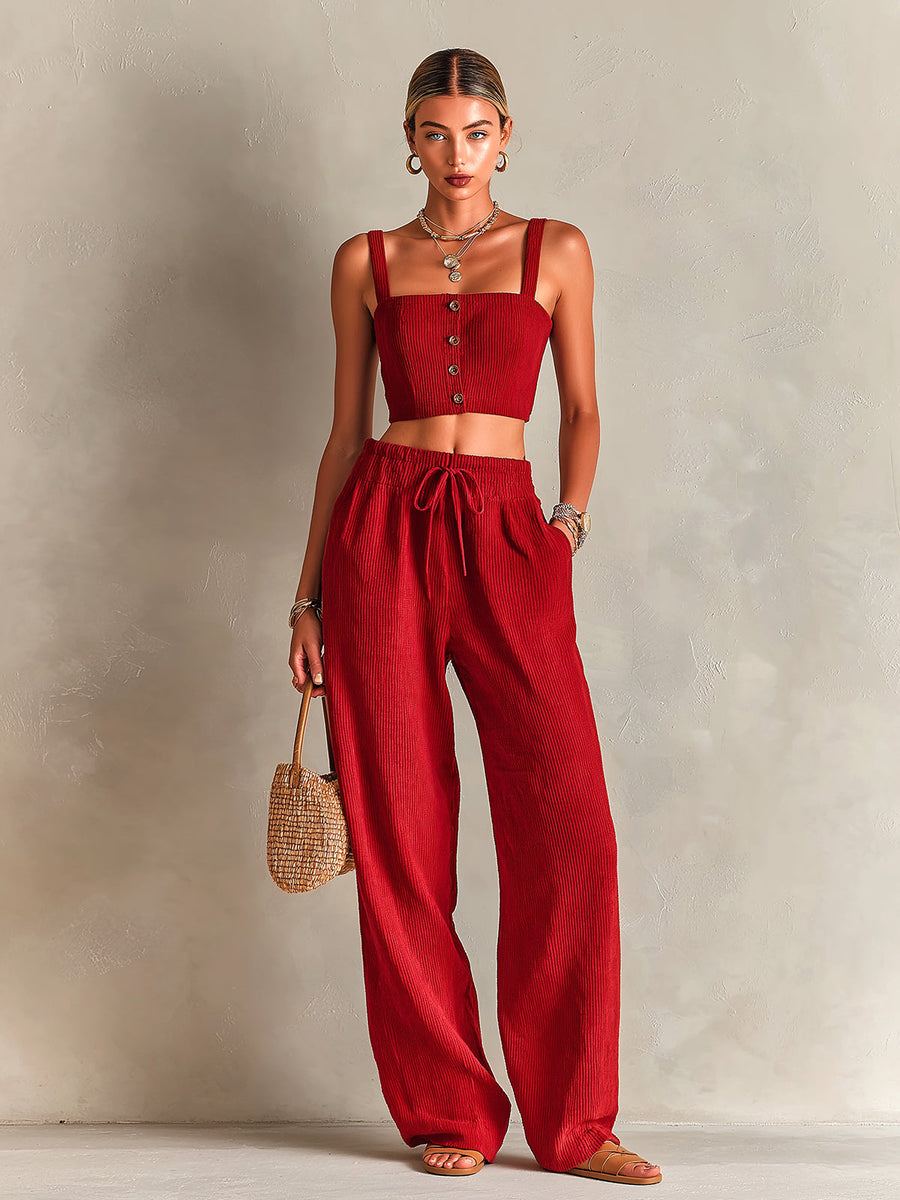 ElevenOra Chic Elegant Red Corduroy Spaghetti Straps Square-Neck Single-Breasted Cropped Vest Drawstring Elastic-Waist Wide-Leg Pants Two-Piece Set