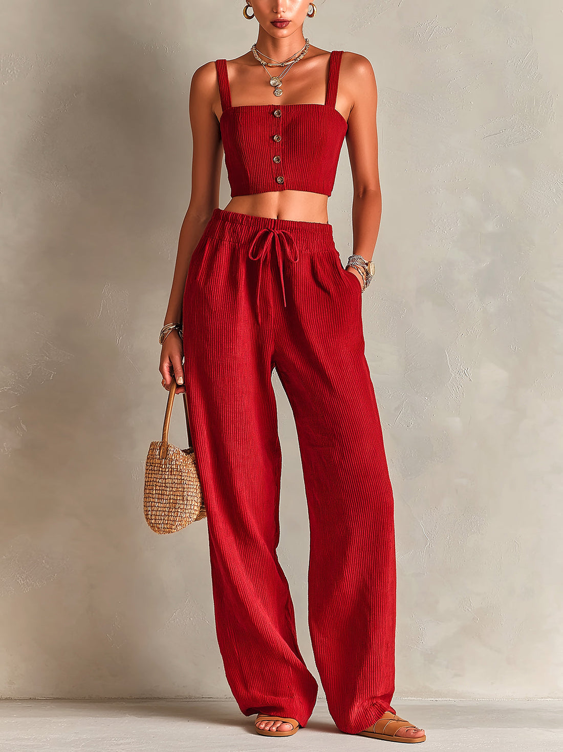 ElevenOra Chic Elegant Red Corduroy Spaghetti Straps Square-Neck Single-Breasted Cropped Vest Drawstring Elastic-Waist Wide-Leg Pants Two-Piece Set