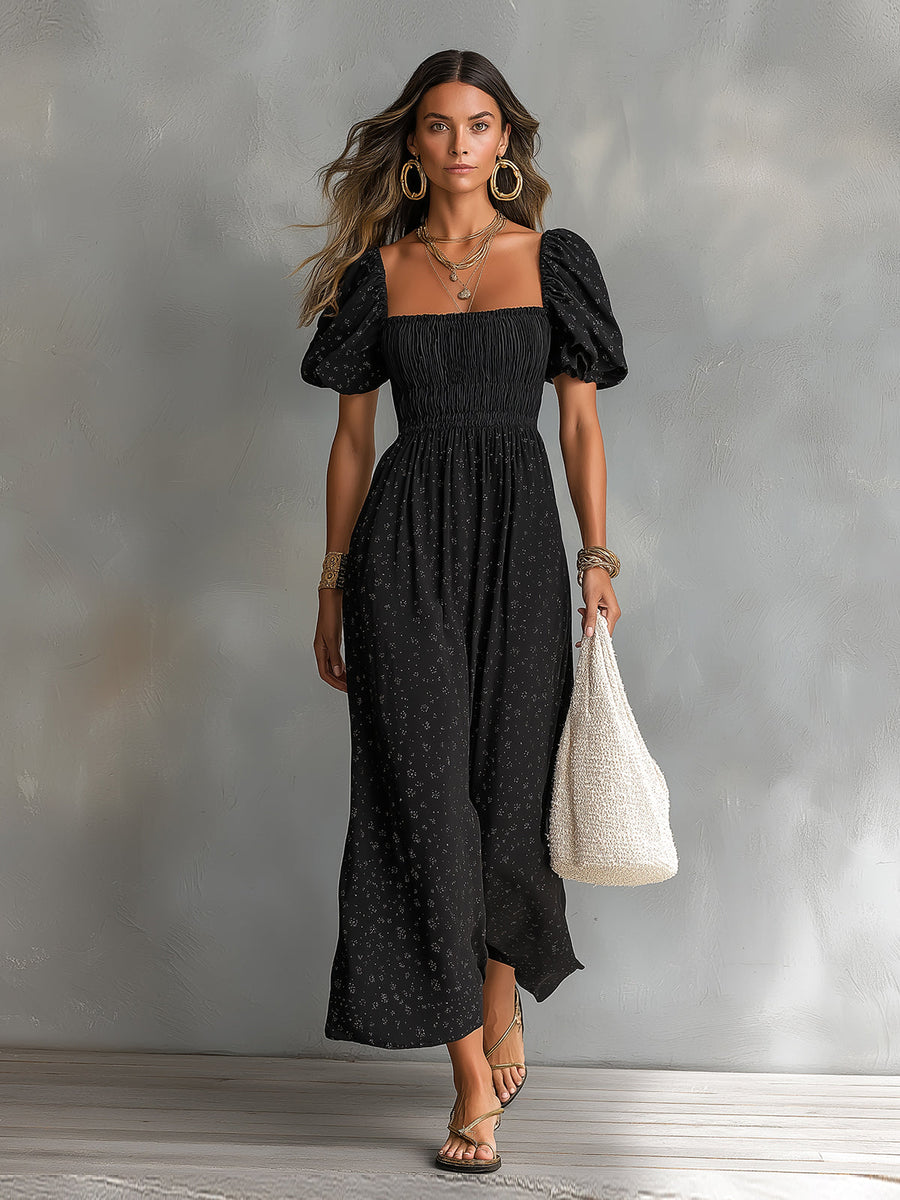 ElevenOra Chic Elegant Black Cotton Blend Square-Neck Short-Puff-Sleeve Shirring Detail A-Line Loose-Fit Maxi Dress