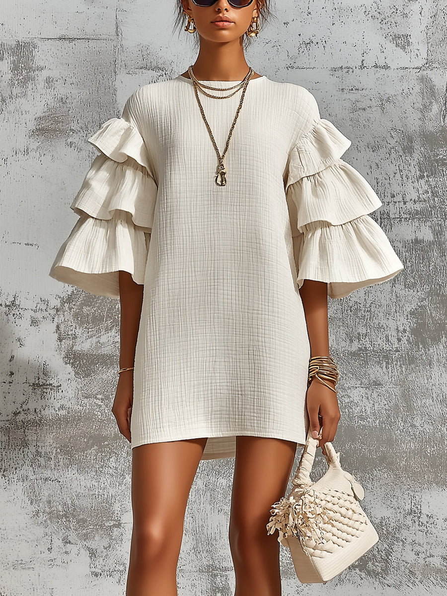 ElevenOra Chic Elegant Cream-White Cotton Blend Round-Neck Flare-Sleeve Ruffled Detail A-Line Loose-Fit Mini Dress