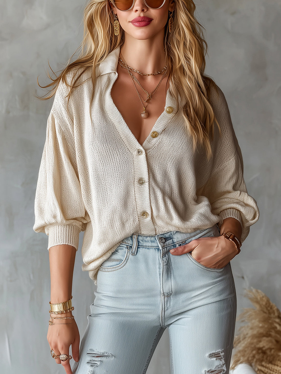 ElevenOra Chic Elegant Cream White Lapel Collar Single-Breasted Long-Lantern-Sleeve Loose-Fit Ribbed Knit Sweater Top