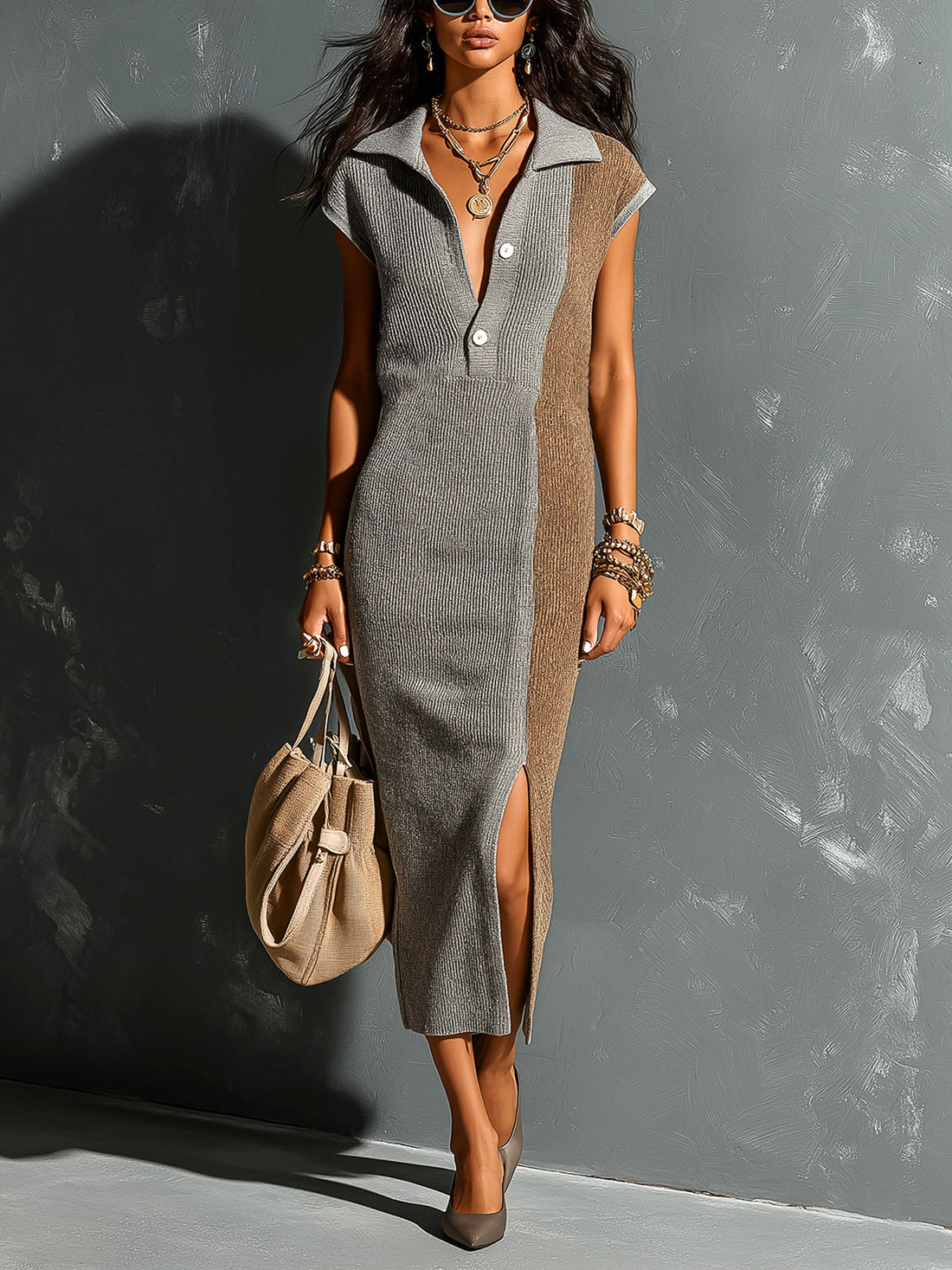 ElevenOra Chic Elegant Gray-Camel Colorblock Button-Up Lapel-Collar Cap-Sleeve Side-Slit Loose-Fit Ribbed Knit Midi Dress