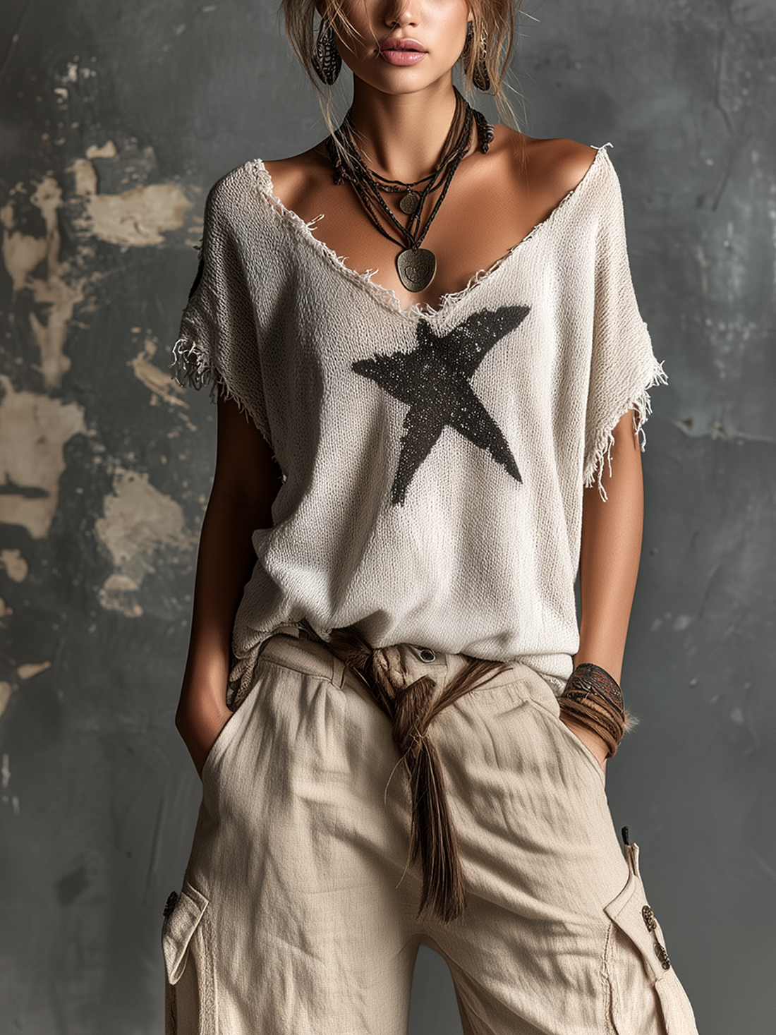 ElevenOra Chic Casual White V-Neck Star Print  Raw Edge Dolman Sleeves Loose-Fit Knit SweaterTop
