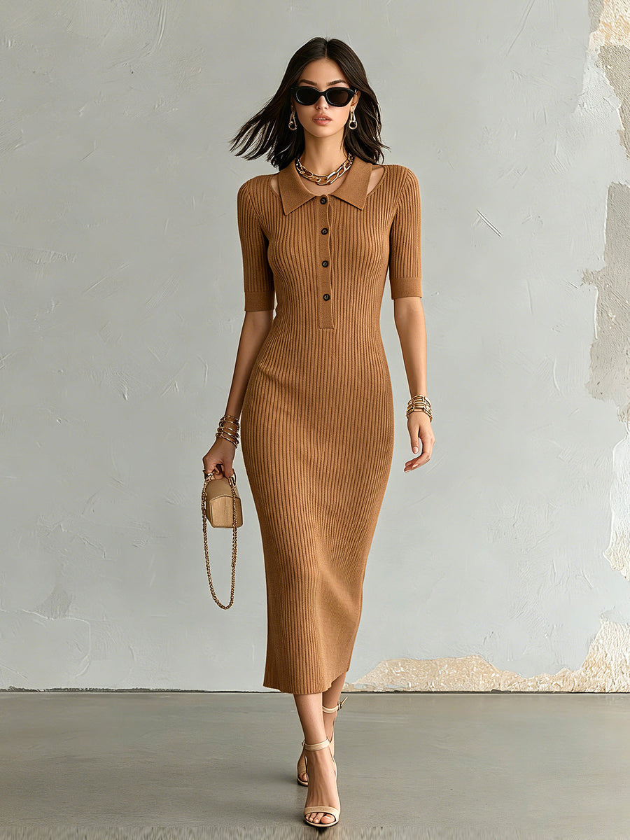 ElevenOra Chic Elegant Caramel Brown Button-Up Lapel-Collar Short-Sleeve Cutout-Detail Slim-Fit Ribbed Knit Midi Dress